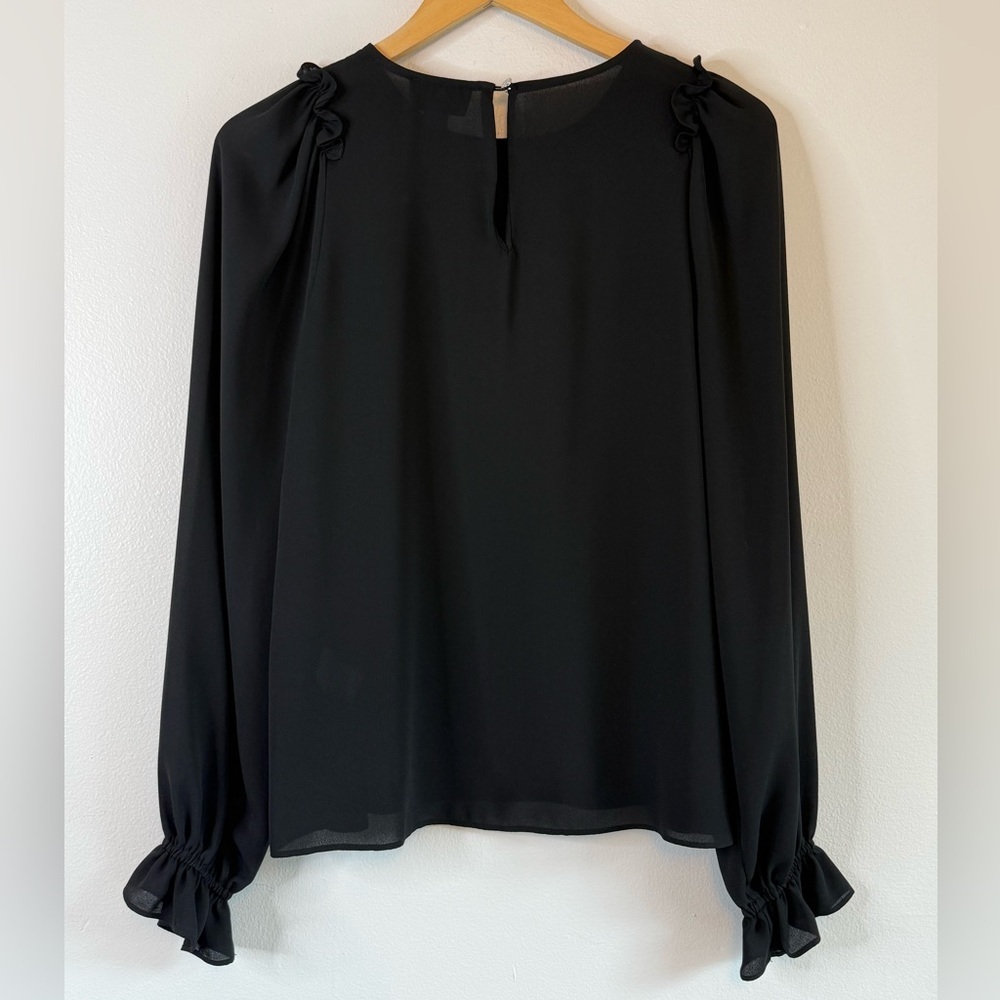 NEW CeCe Ruffle Shoulder Ruffle Cuff Black Blouse - Picture 6 of 8
